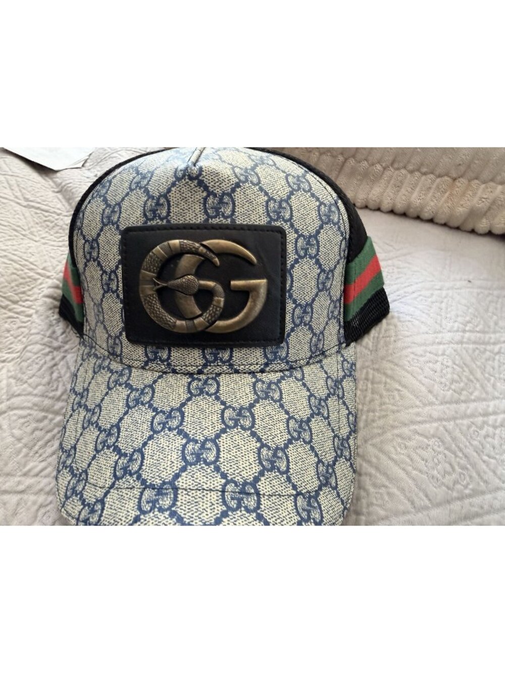 Gucci GG Logo Trucker Hat With Mesh Back Snake Detail & Red-Green Stripe